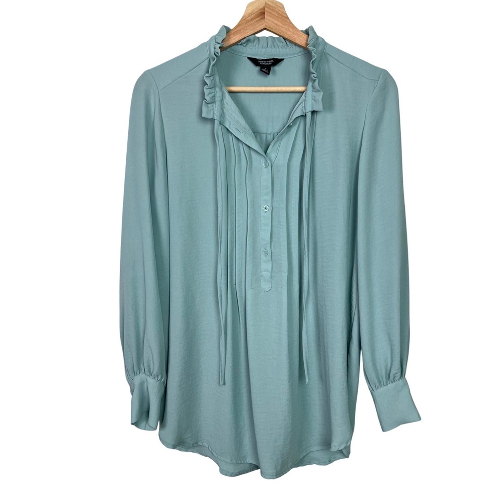 Simply Vera Vera Wang Light Blue Pintuck Ruffle Neck Blouse Long Sleeve Small